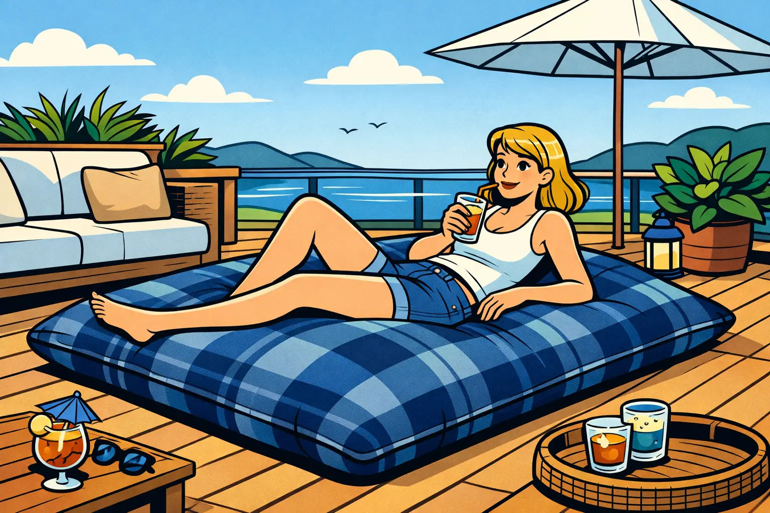 Décor de deck avec bean bag bien pensé