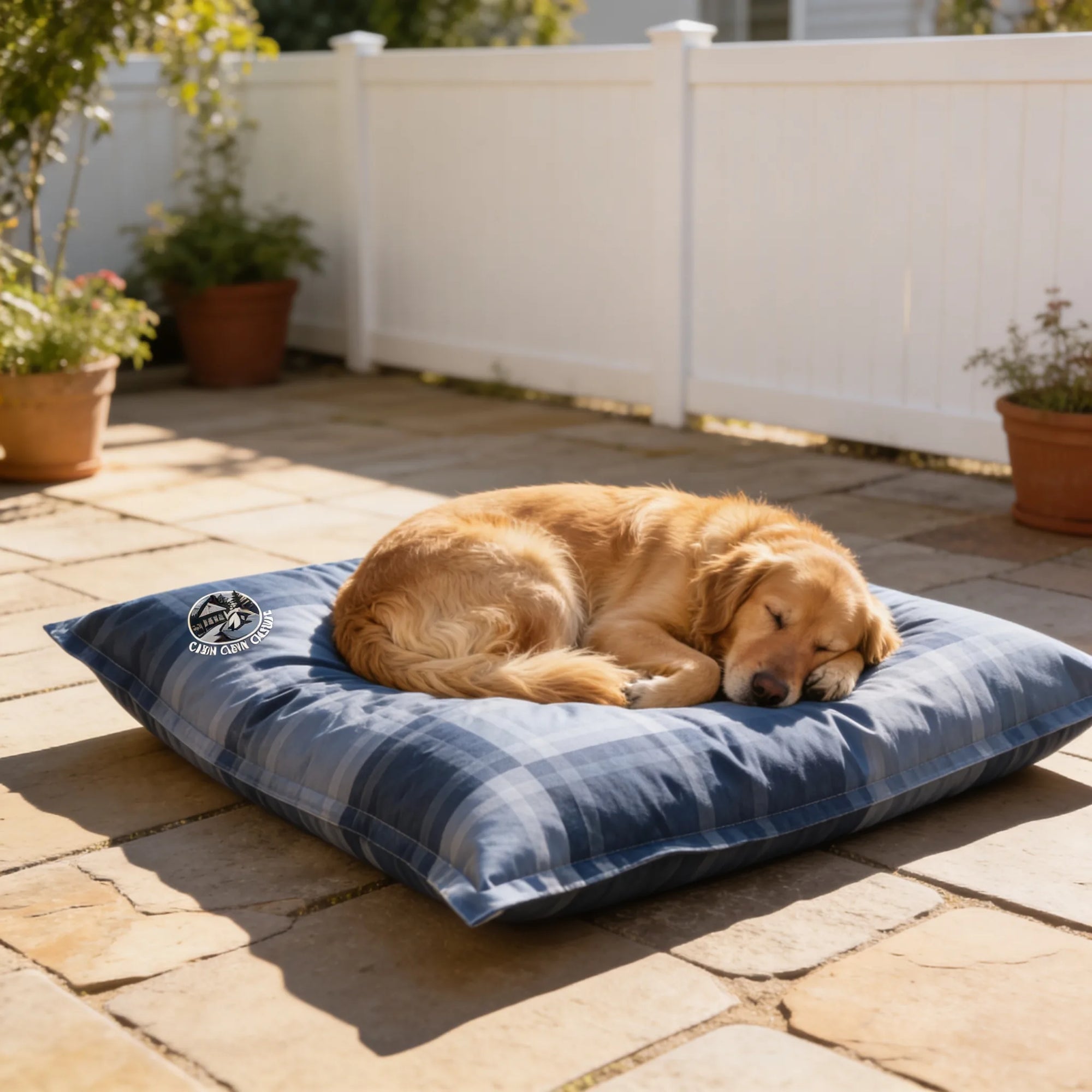 Chien endormi sur le bean bag Osmoze sur une terrasse ensoleillée, dog-friendly