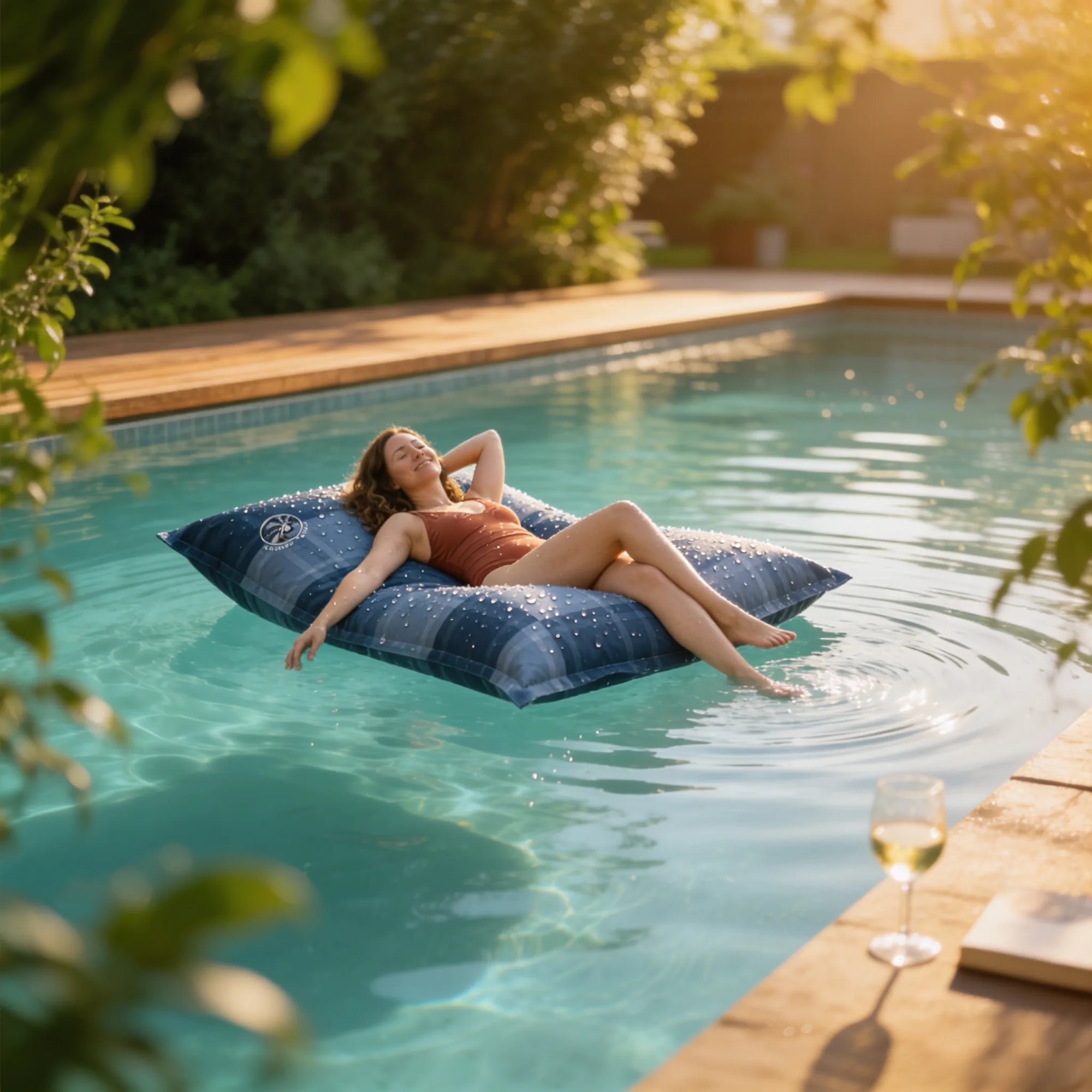 Femme qui se détend sur le bean bag Osmoze flottant dans une piscine