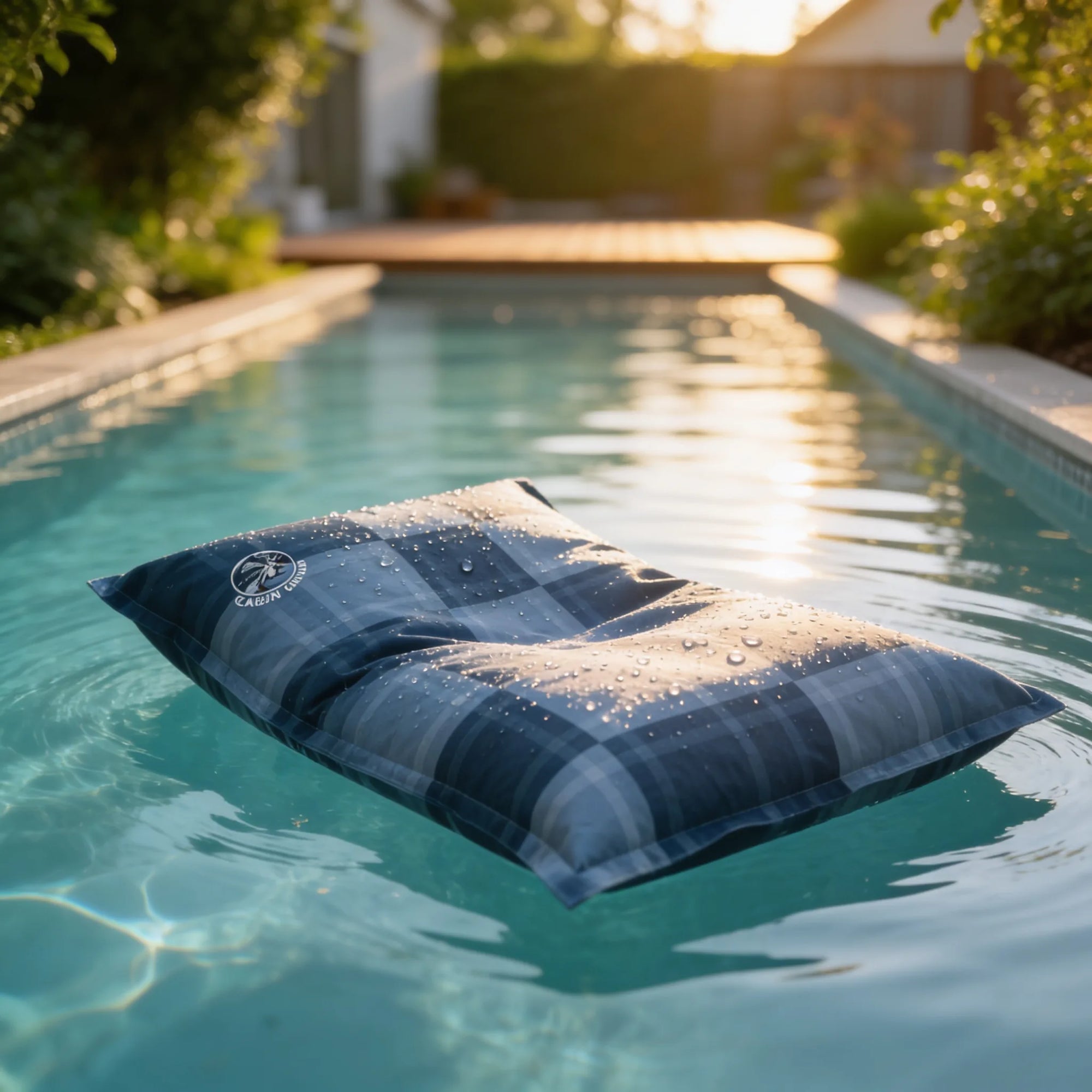 Bean bag Osmoze flottant dans la piscine, gouttes d'eau sur le tissu imperméable