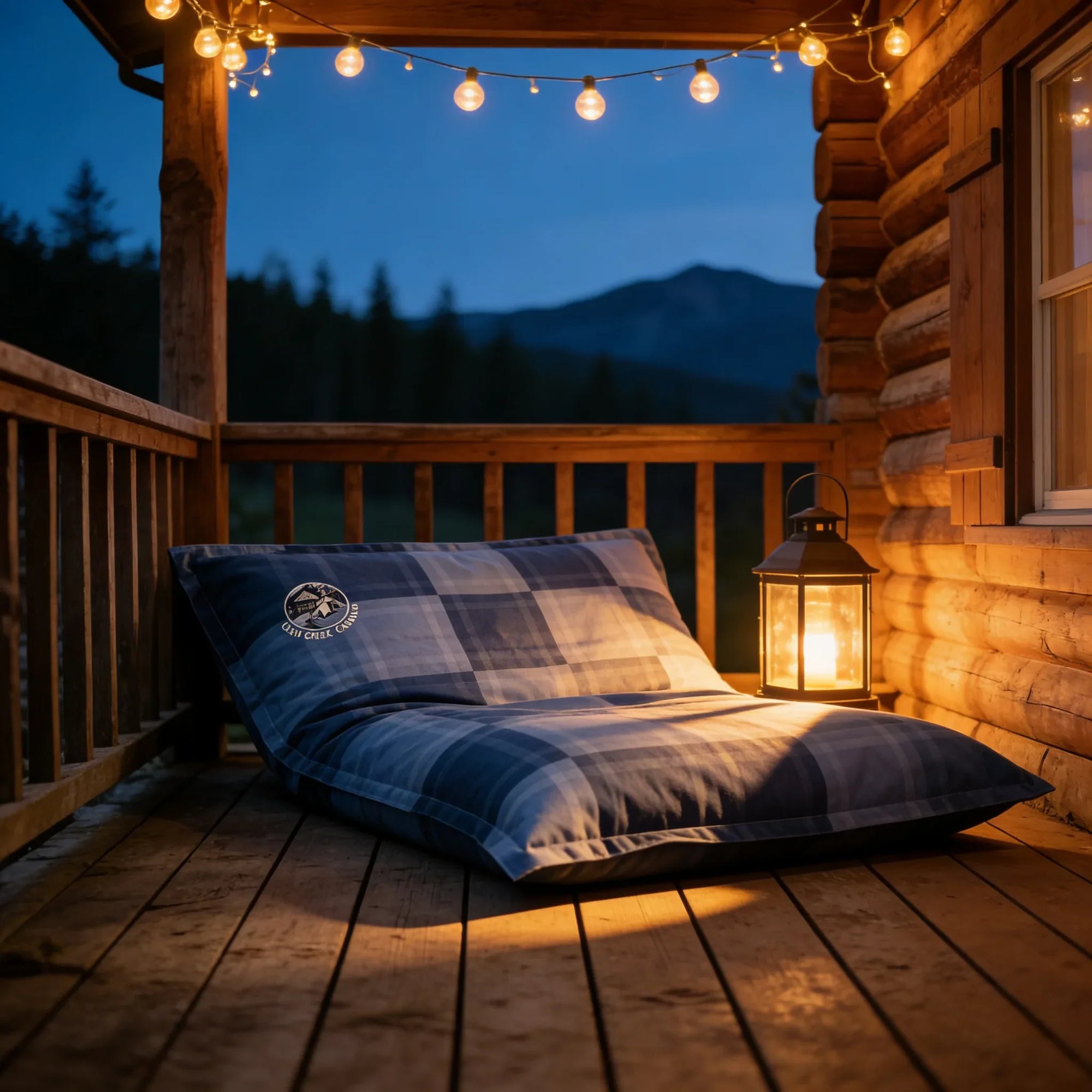Bean bag Osmoze sur une terrasse de chalet le soir, lanterne et guirlande lumineuse